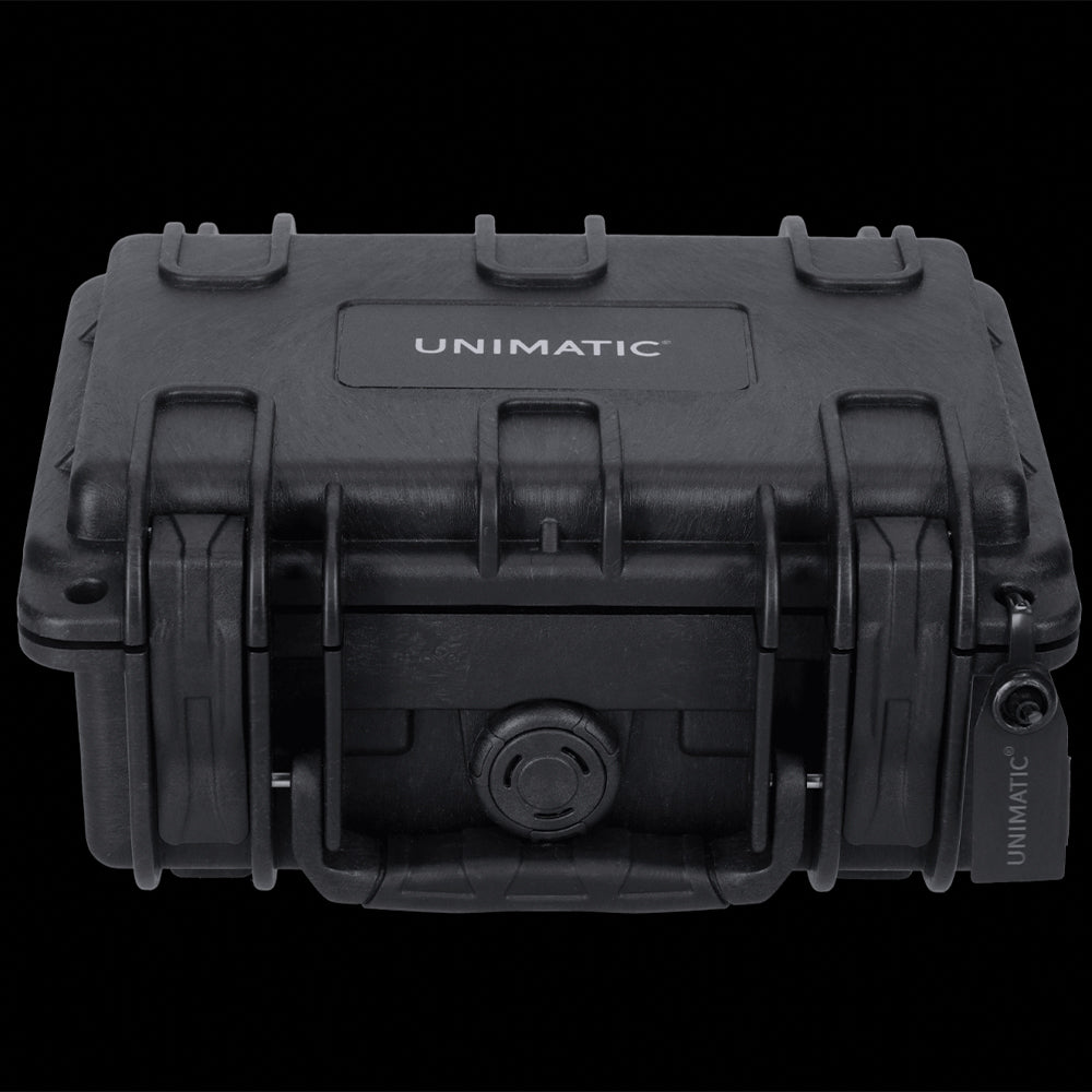 Rigid black protective case labeled UNIMATIC with secure latches.