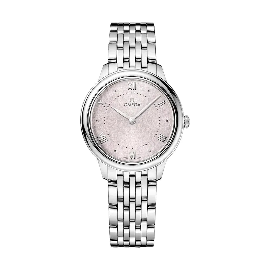 Omega De Ville Prestige Quartz 30mm with a pink dial and silver bracelet