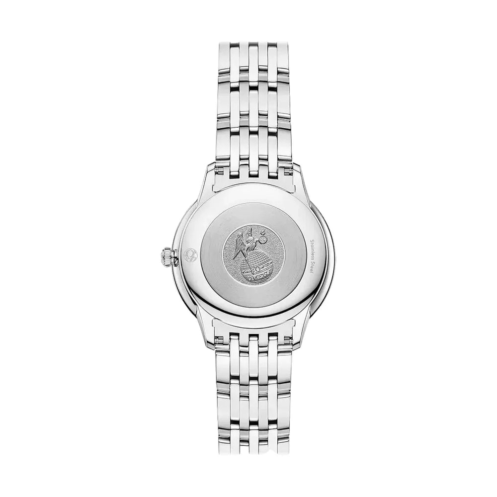 Rear view of a De Ville Prestige Quartz 30mm rose silver watch showing engraved case back and bracelet