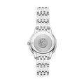 Rear view of a De Ville Prestige Quartz 30mm rose silver watch showing engraved case back and bracelet