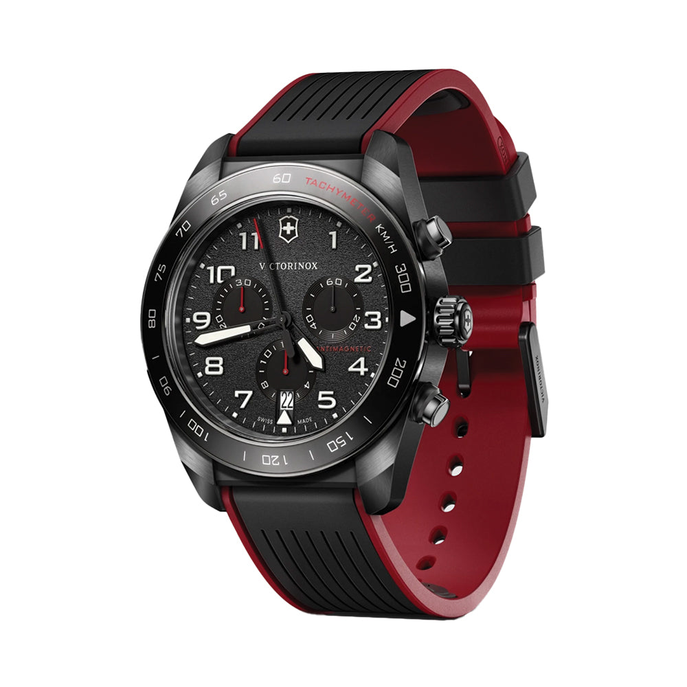 Swiss Army Chrono Quartz 42mm - Black on Black and Red Rubber Strap