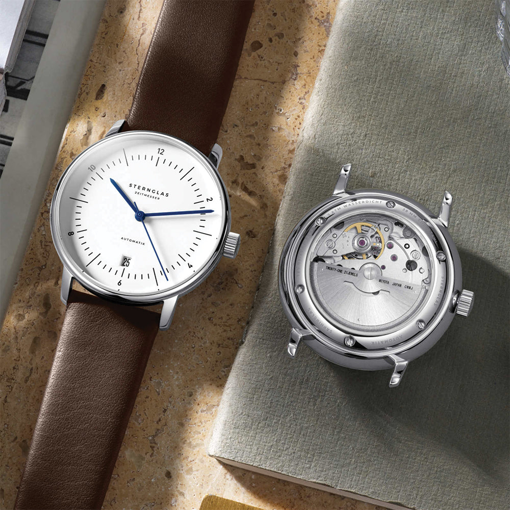 Naos Automatic 38mm - White on Dark Brown Leather Strap