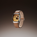 Front view of ALD Dual Time watch with tiger eye and gold sunray dial on brown leather strap.