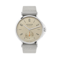 Nomos Ahoi Neomatik Sand 36mm beige dial with light fabric strap, front view