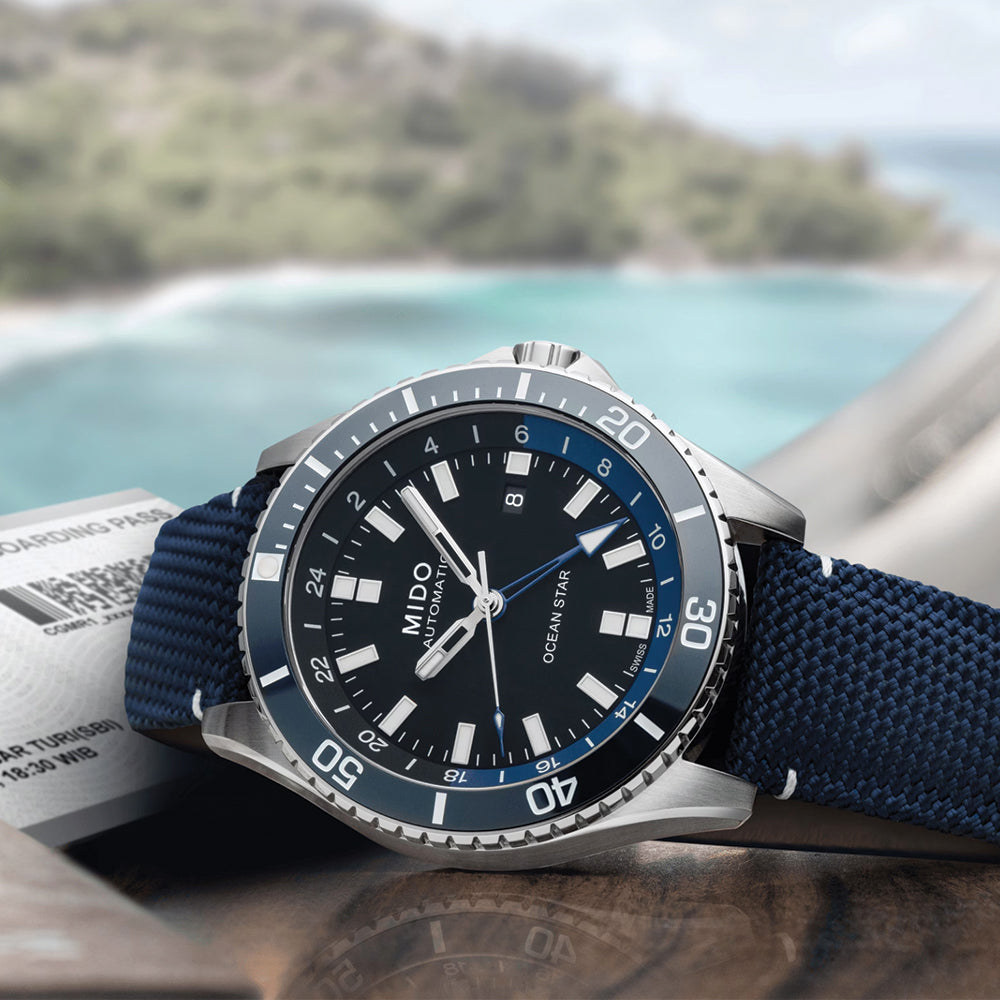 Ocean Star GMT 44mm - Black w/ Blue Bezel on Fabric Strap
