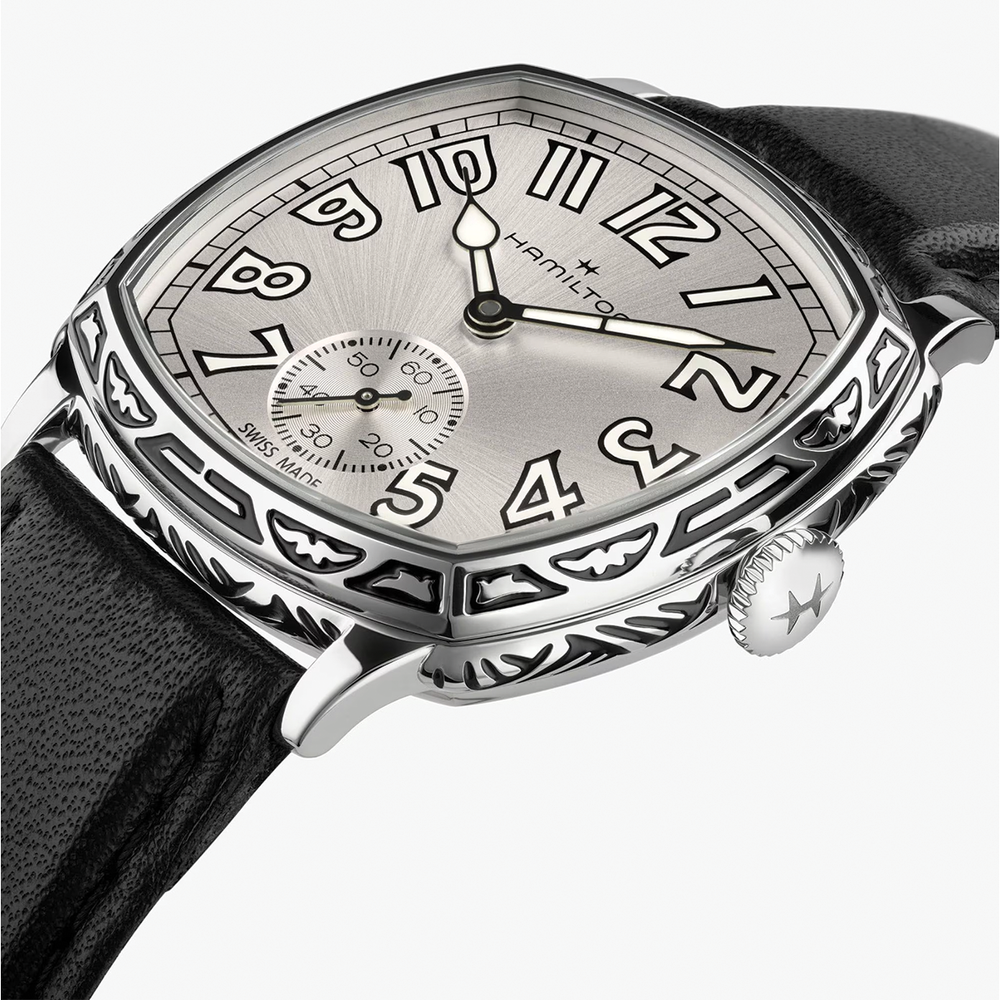 American Classic Cushion Mechanical 34mm watch with a silver dial and bold Arabic numerals on a black leather strap