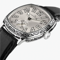 American Classic Cushion Mechanical 34mm watch with a silver dial and bold Arabic numerals on a black leather strap