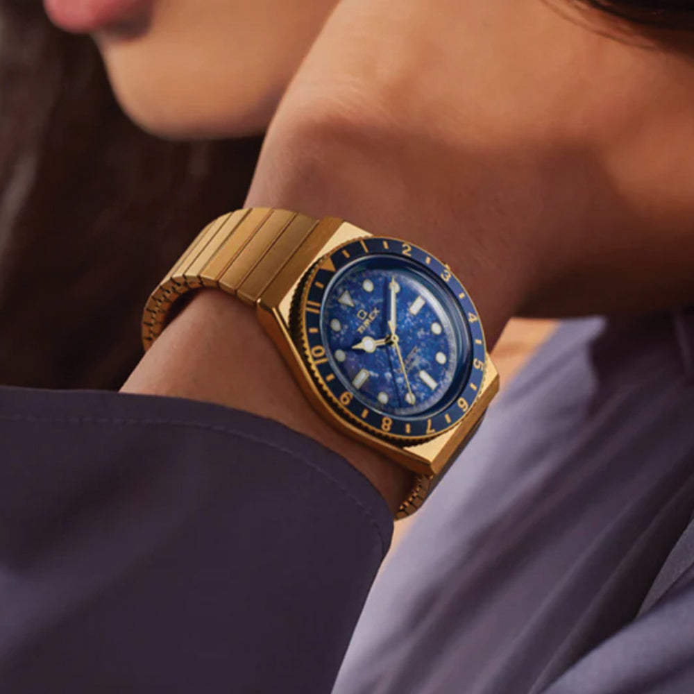 Q Timex® Gold-Tone 36mm - Blue on Stainless Steel Expansion Band