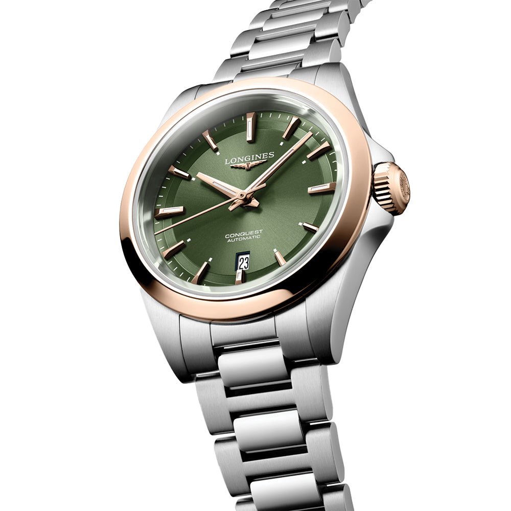 Conquest 30mm - Green w/ Pink Gold Bezel on Bracelet