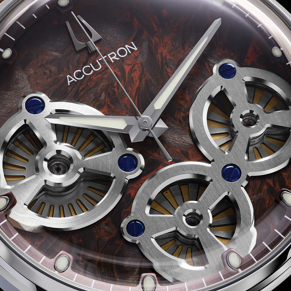 Close-up of Spaceview Evolution 43.5mm dial with skeletonized bridges on brown leather strap