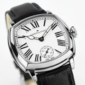 Angled view of Hamilton cushion watch showing white dial with Roman numerals and subdial on black leather strap
