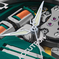 Close up of Spaceview 314 movement with turquoise plate copper coils white hands and Accutron branding