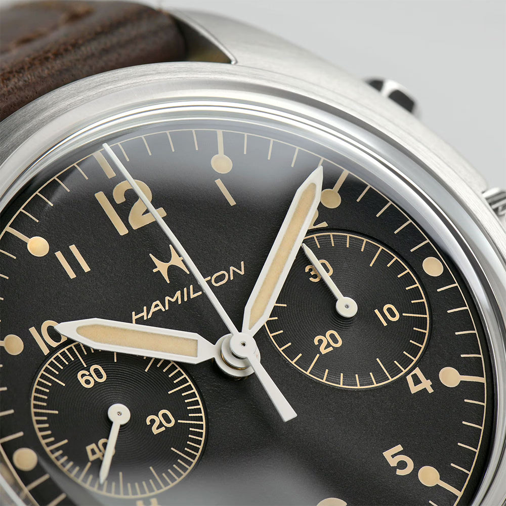 Khaki Aviation Pioneer Mechanical Chrono 40mm - Black on Leather Strap