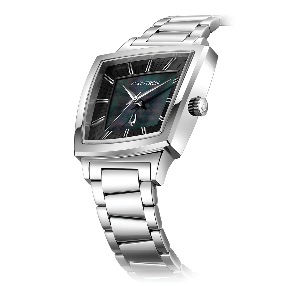Accutron Memphis 521 square watch shown from a three quarter angle with black dial and bold metal bracelet