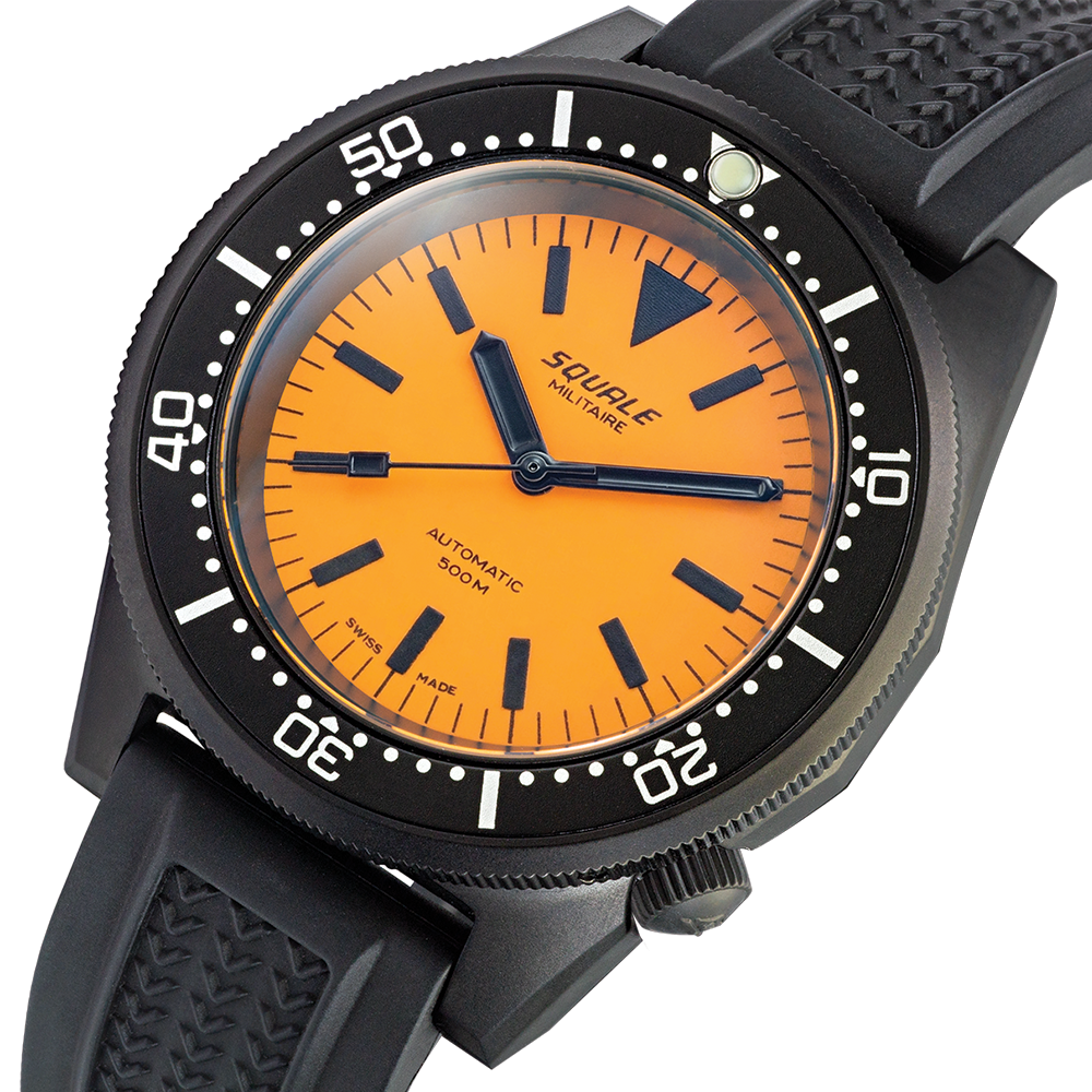 Close-up of orange dial and black bezel on the 1521 Black DLC 42mm dive watch