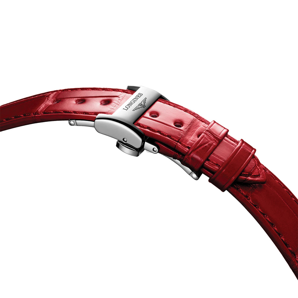 PrimaLuna Moonphase 34mm - White, Mother-of-Pearl w/ Diamonds on Red Leather Strap