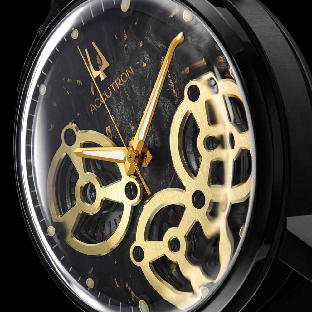 Close-up of Spaceview Evolution 43.5mm skeleton watch with gold gears on a black leather strap