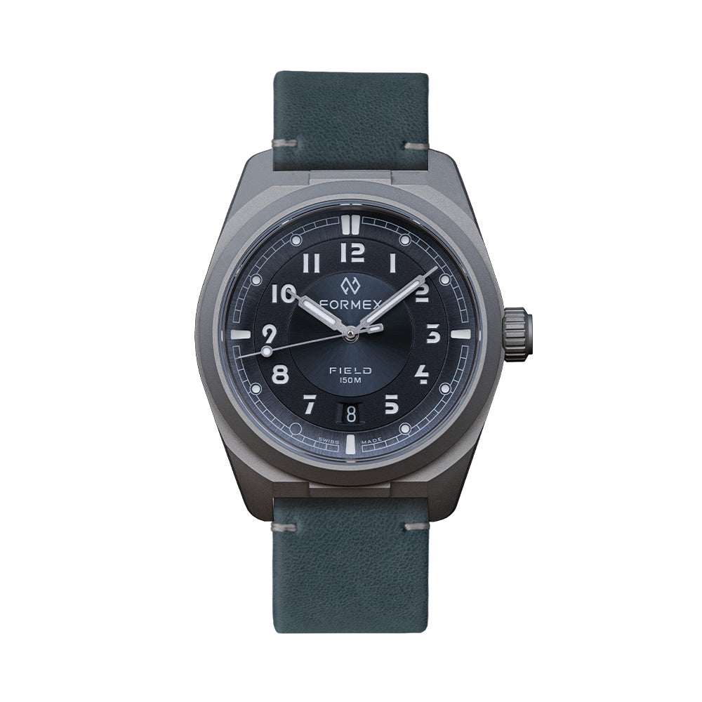 Field Automatic Gen 2 Basalt Grey 40mm watch with blue leather strap, front view