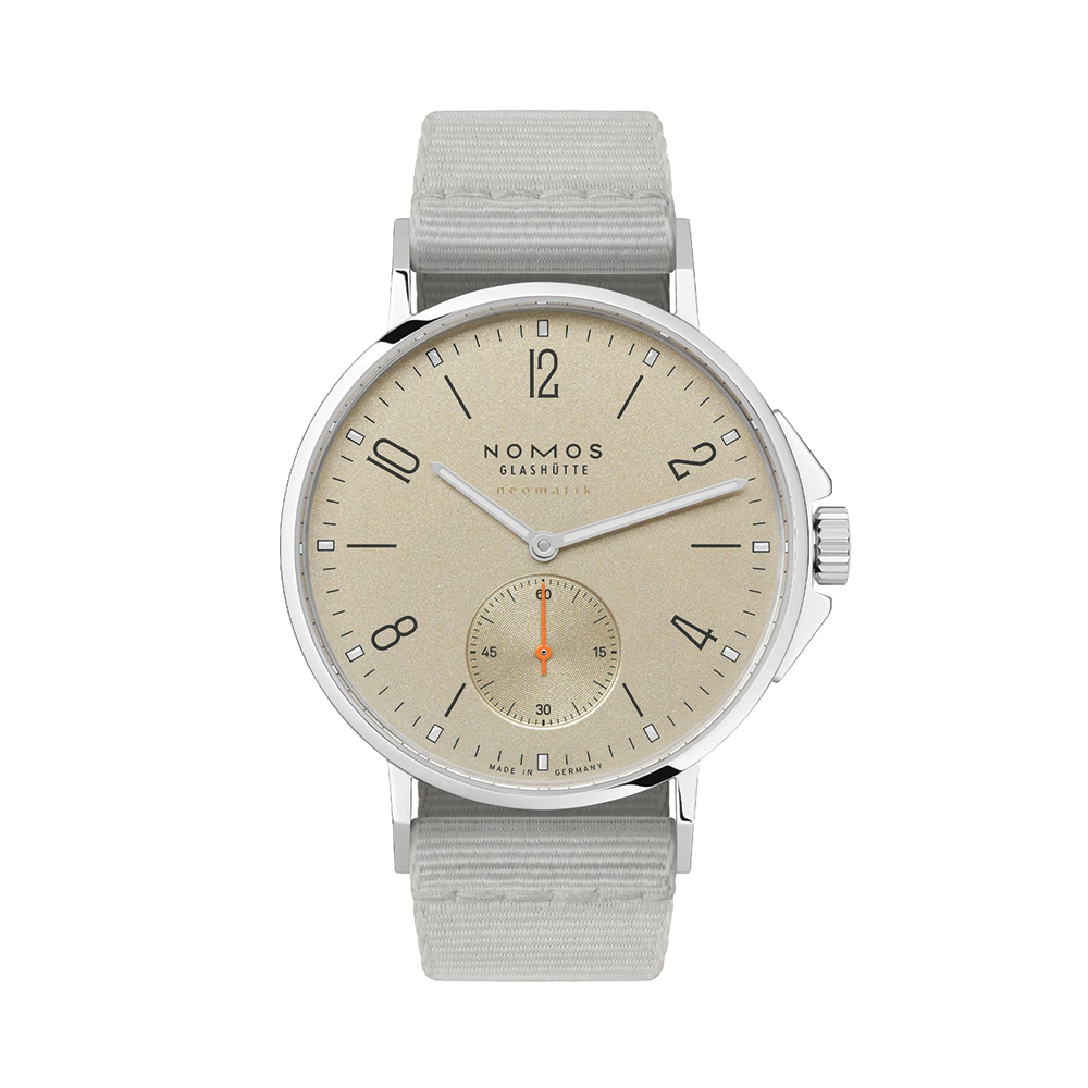 Front view of Ahoi Neomatik Sand 36mm with beige dial on light gray fabric strap