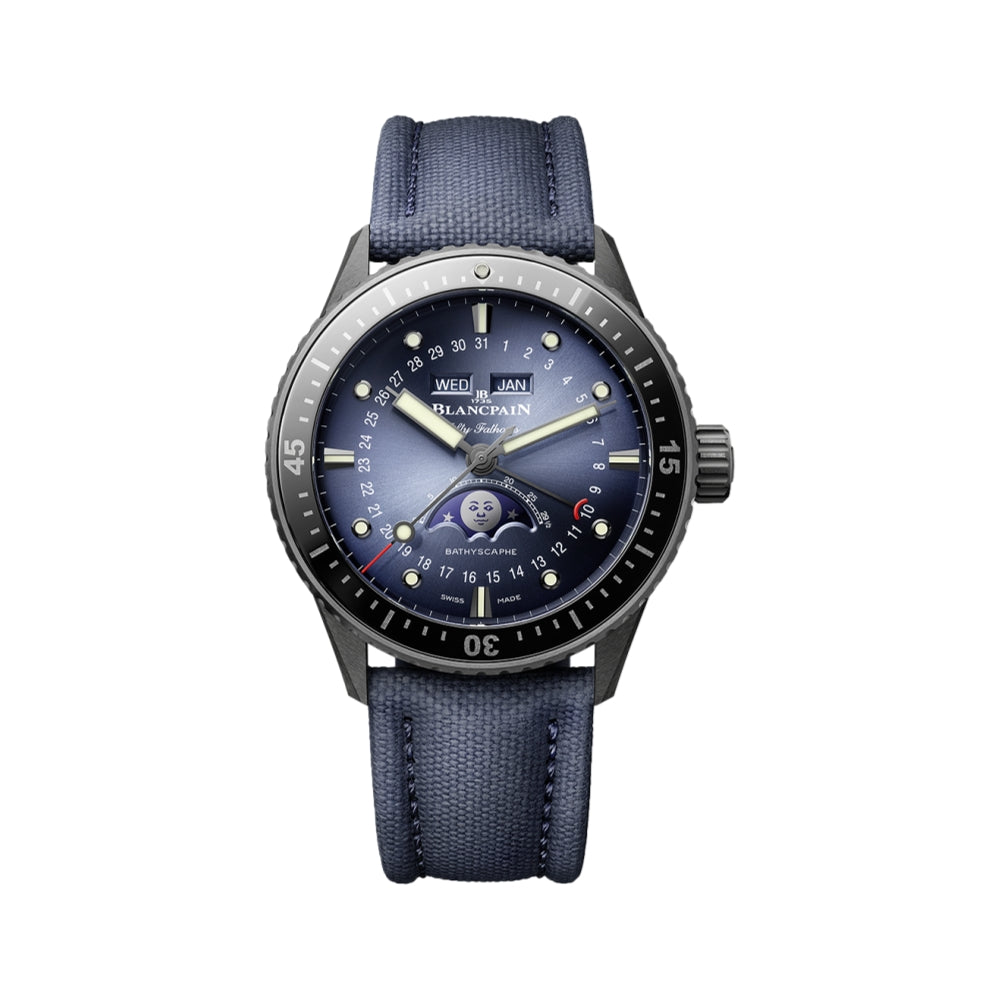 Fifty Fathoms Bathyscaphe Complete Calendar Moonphase Black Ceramic Bezel 43.6mm - Blue on Sail-Canvas Strap