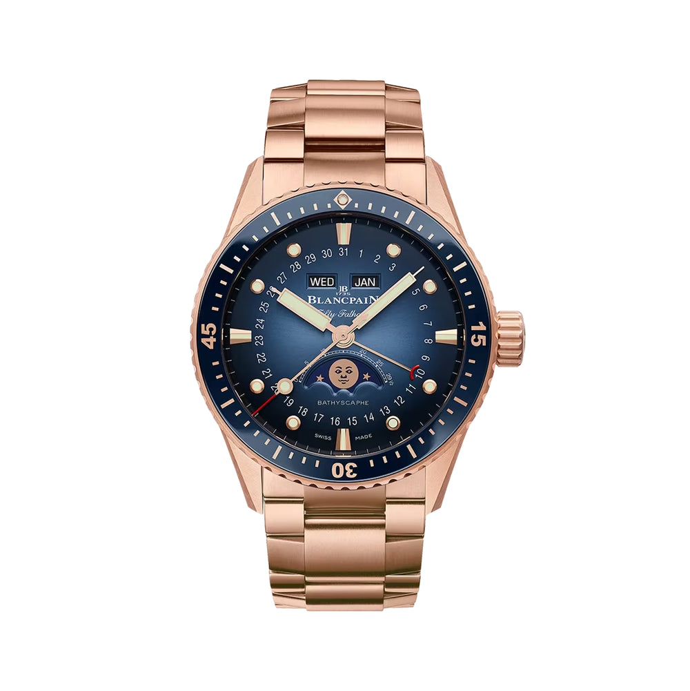Fifty Fathoms Bathyscaphe Quantième Complet Phases de Lune Red Gold 43mm - Blue on Bracelet