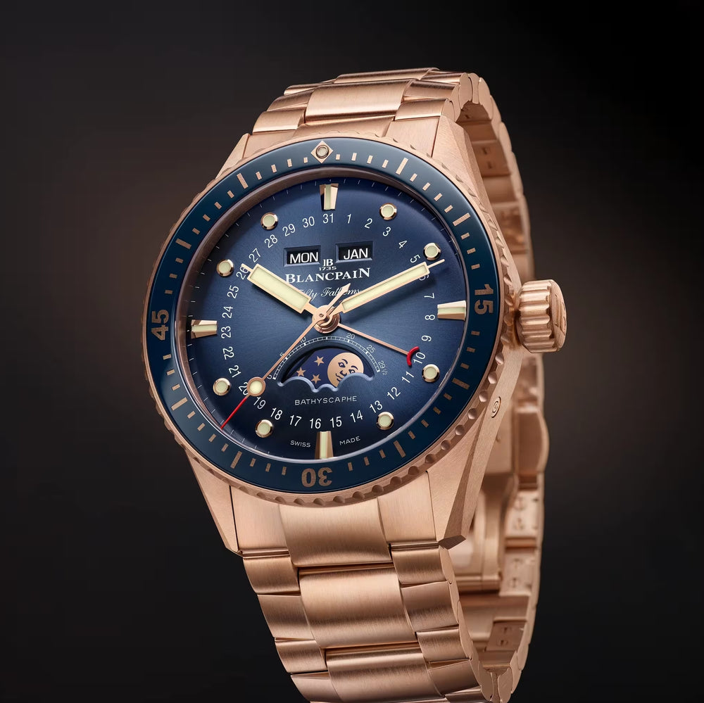 Fifty Fathoms Bathyscaphe Quantième Complet Phases de Lune Red Gold 43mm - Blue on Bracelet
