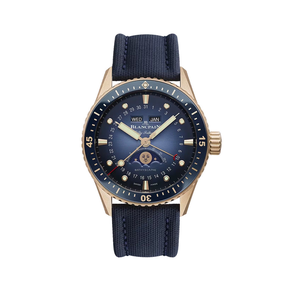 Fifty Fathoms Bathyscaphe Quantième Complet Phases de Lune Red Gold 43mm - Blue on Fabric Strap
