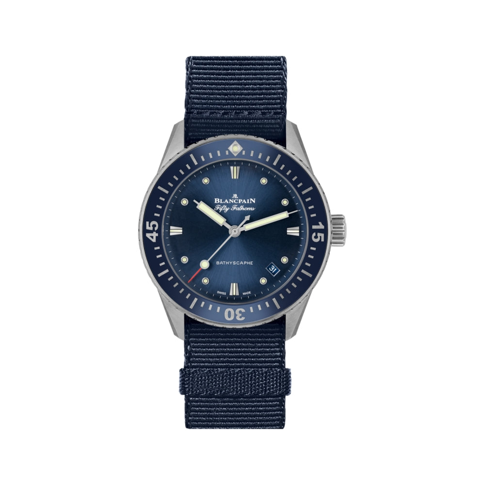 Fifty Fathoms Bathyscaphe Steel 38mm - Blue on One Piece Nylon Strap