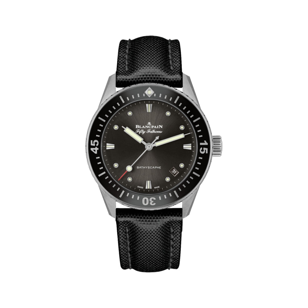 Fifty Fathoms Bathyscaphe Steel and Black Bezel 38mm - Grey on Sail-canvas Strap