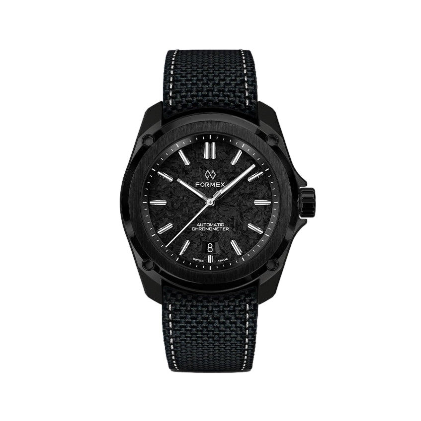 Essence Leggera 41mm forged carbon watch with black woven strap and white stitching