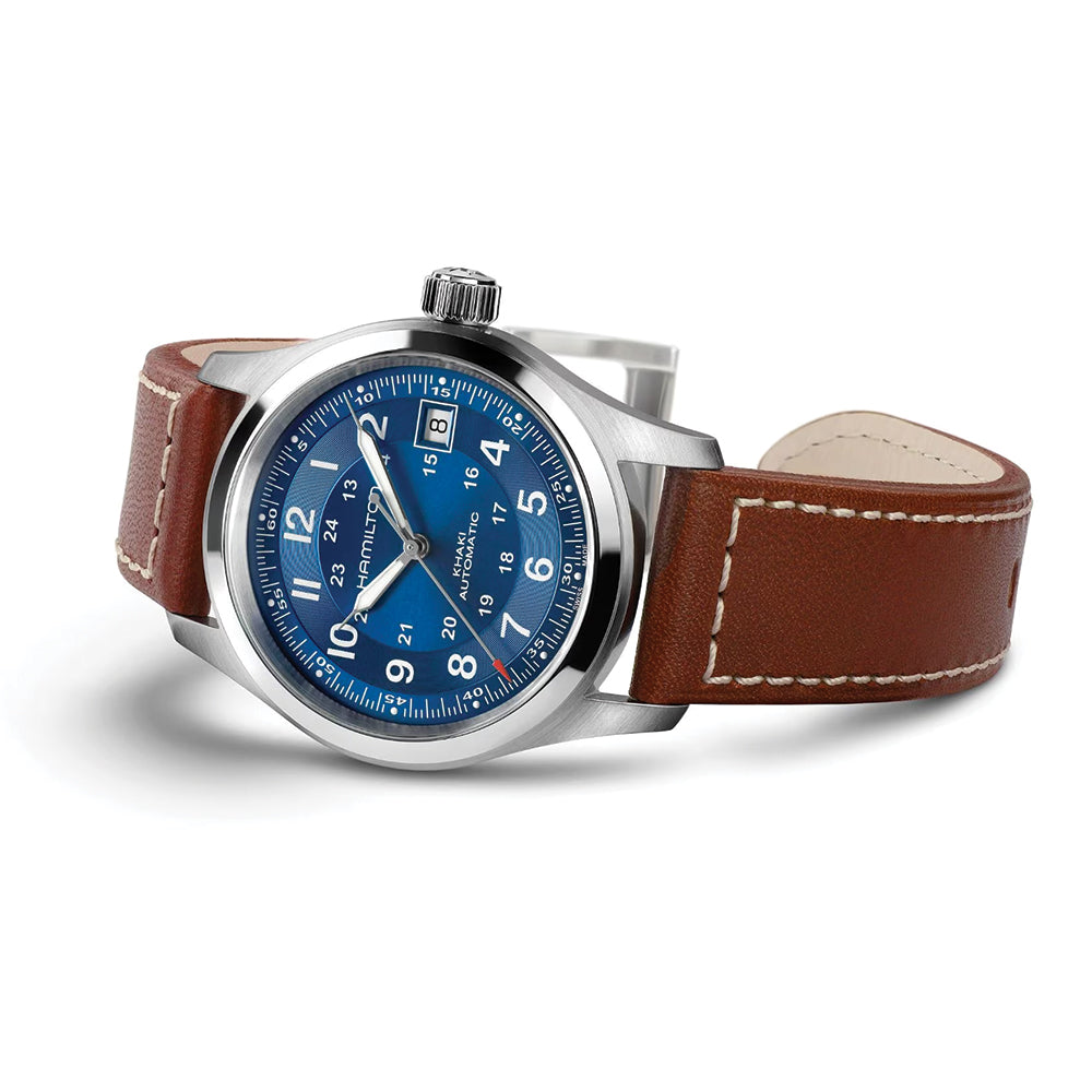 Khaki Field Auto Date 38mm - Blue on Leather Strap
