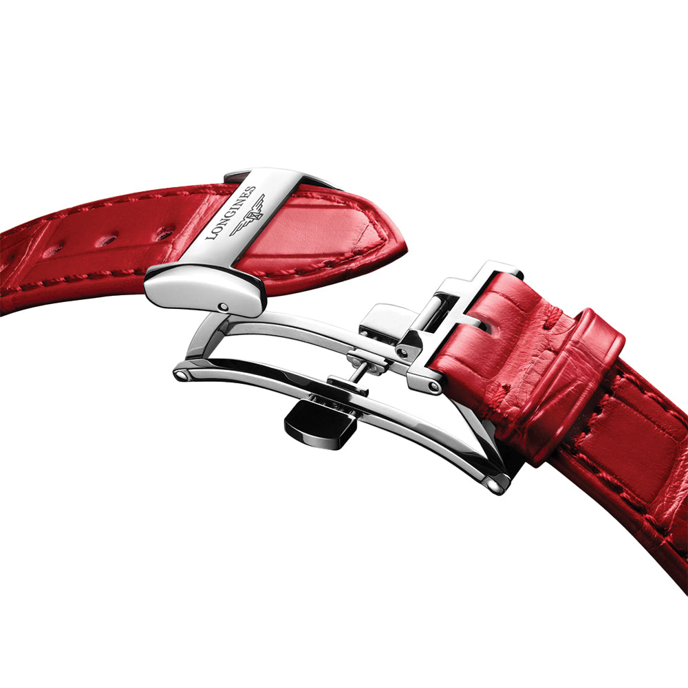 PrimaLuna Moonphase 34mm - White, Mother-of-Pearl w/ Diamonds on Red Leather Strap