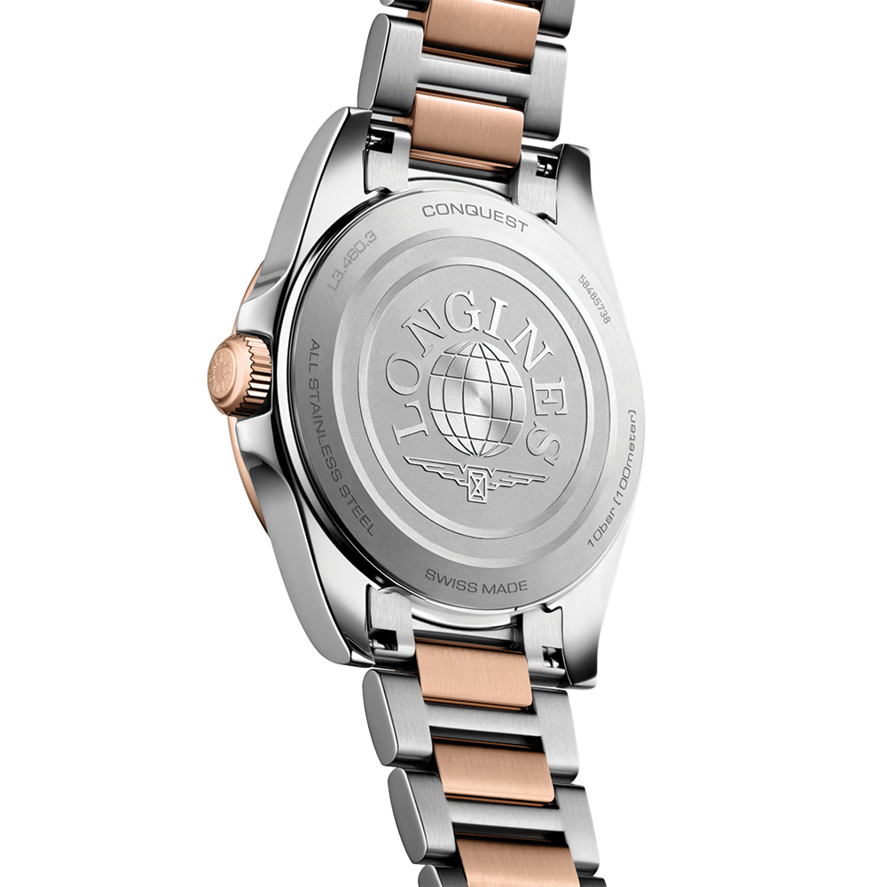 Conquest Quartz Pink PVD Two-Tone 34mm - White on Bracelet