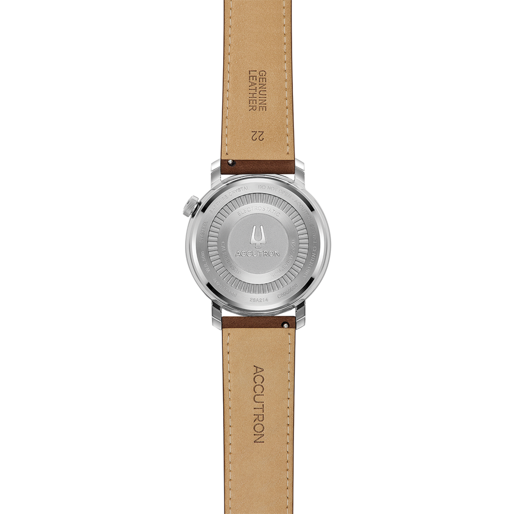 Back view of Spaceview Evolution 43.5mm with brown leather strap and engraved case back