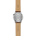 Back view of Spaceview Evolution 43.5mm with brown leather strap and engraved case back
