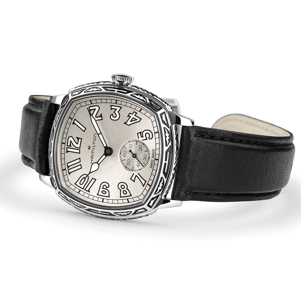 Angled view of Hamilton American Classic Cushion Mechanical 34mm with silver dial and black leather strap