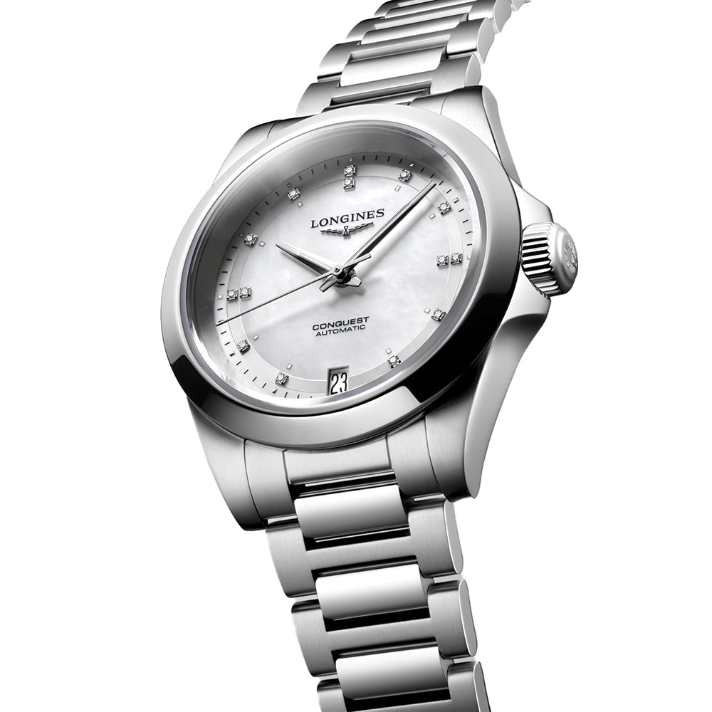 Conquest 34mm - White, Mother-of-Pearl w/ Diamonds on Bracelet