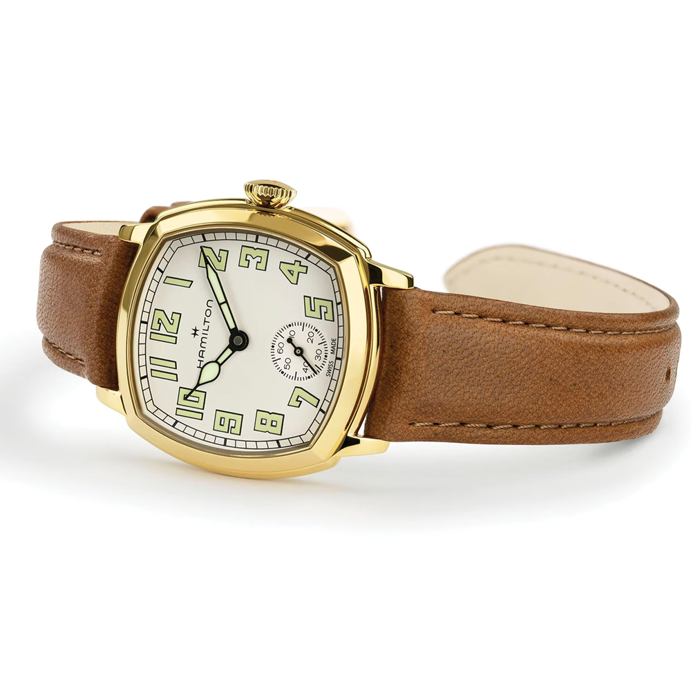 Hamilton American Classic Cushion Mechanical gold-tone watch with beige dial and brown leather strap
