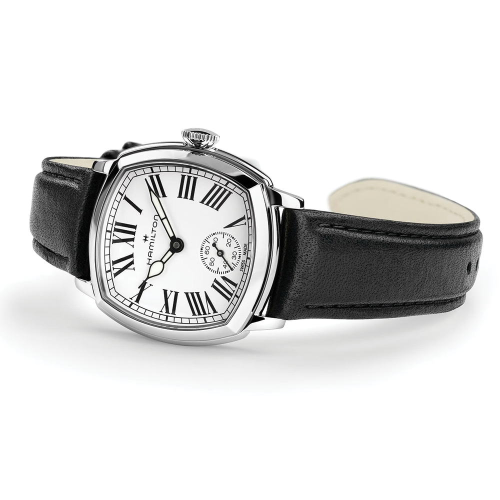 American Classic Cushion Mechanical 30mm watch with white dial and black leather strap