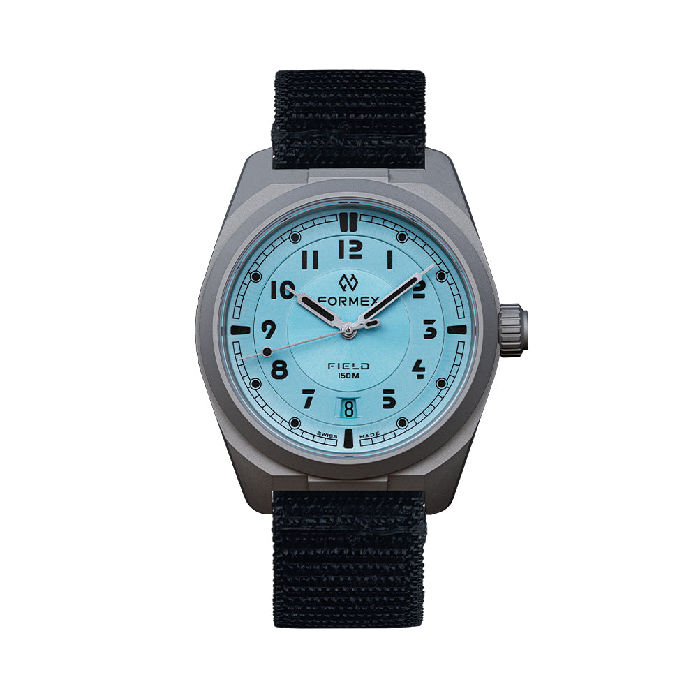 Field Automatic Gen 2 Ice Blue 40mm watch with light blue dial and black nylon strap