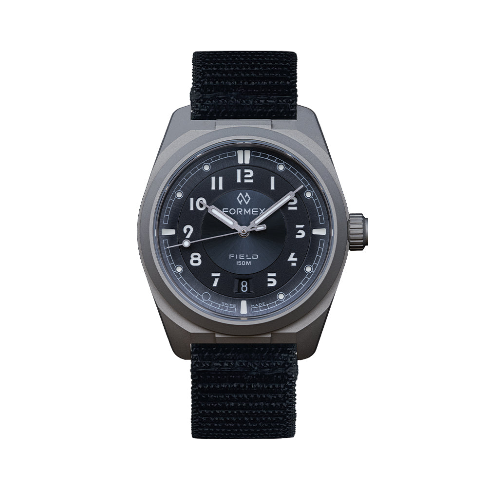 Field Automatic Gen 2 Basalt Grey 40mm watch with black fabric strap, front view