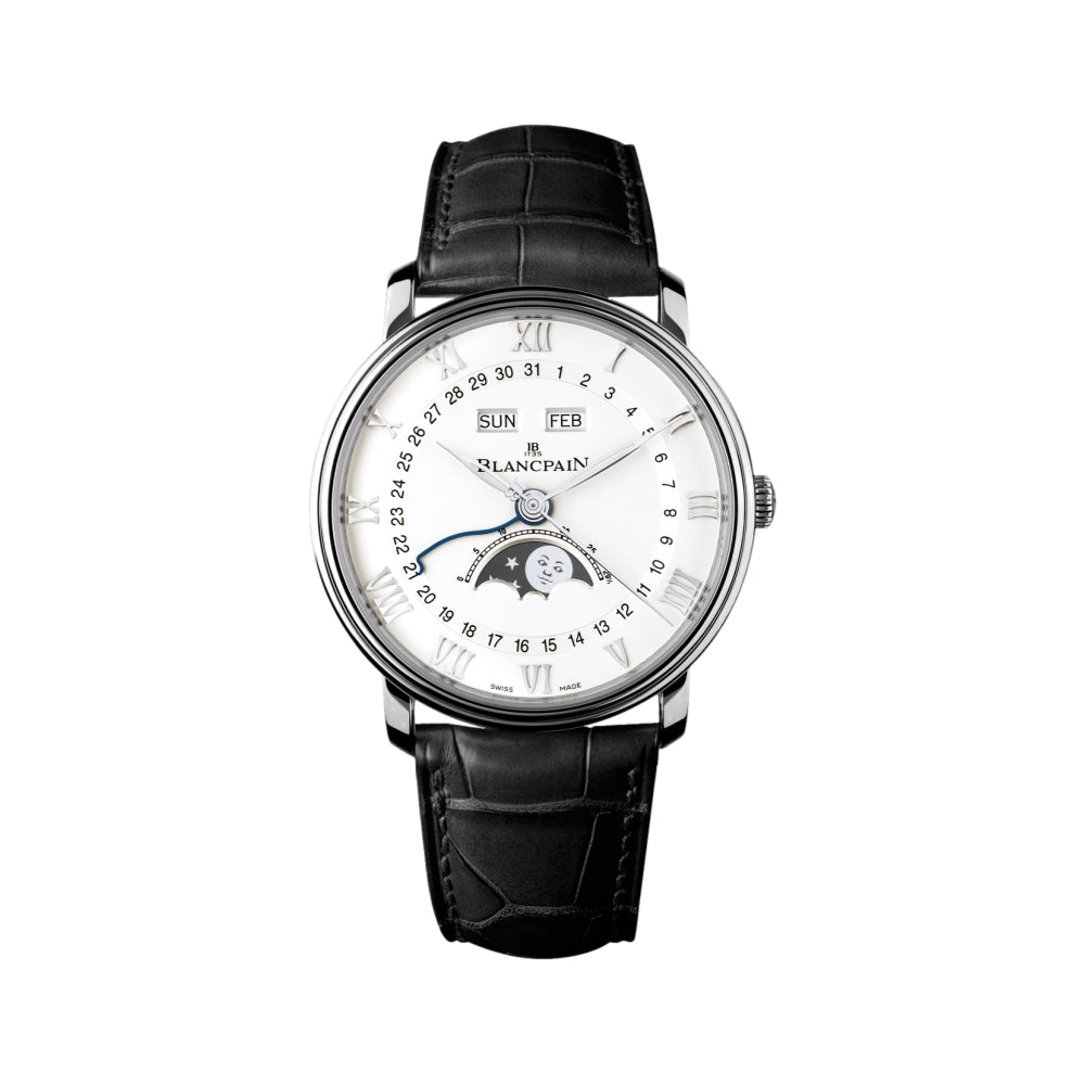 Villeret Complete Calendar Steel 40mm - White on Leather Strap