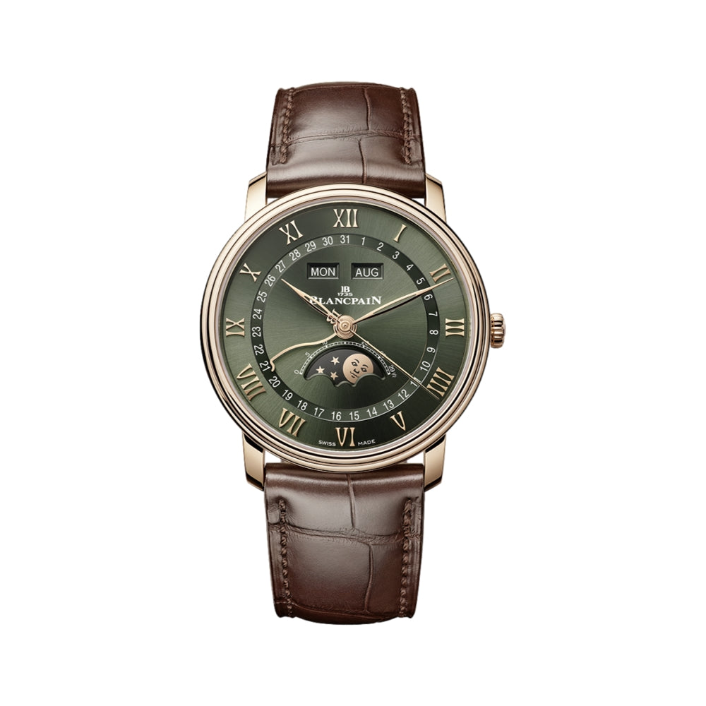 Villeret Quantième Complet Red Gold 40mm - Green on Brown Leather Strap