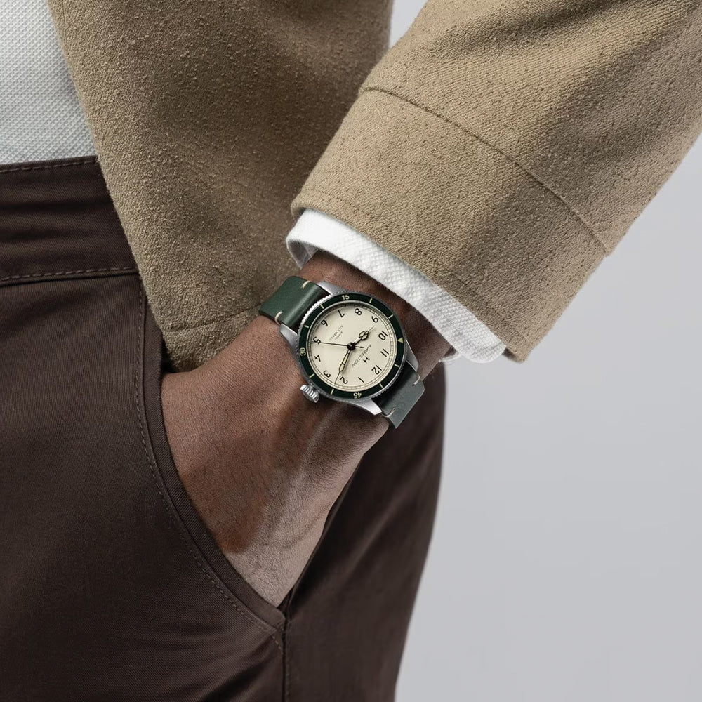 Khaki Aviation Pilot Pioneer Auto 38mm - White on Green Leather Strap