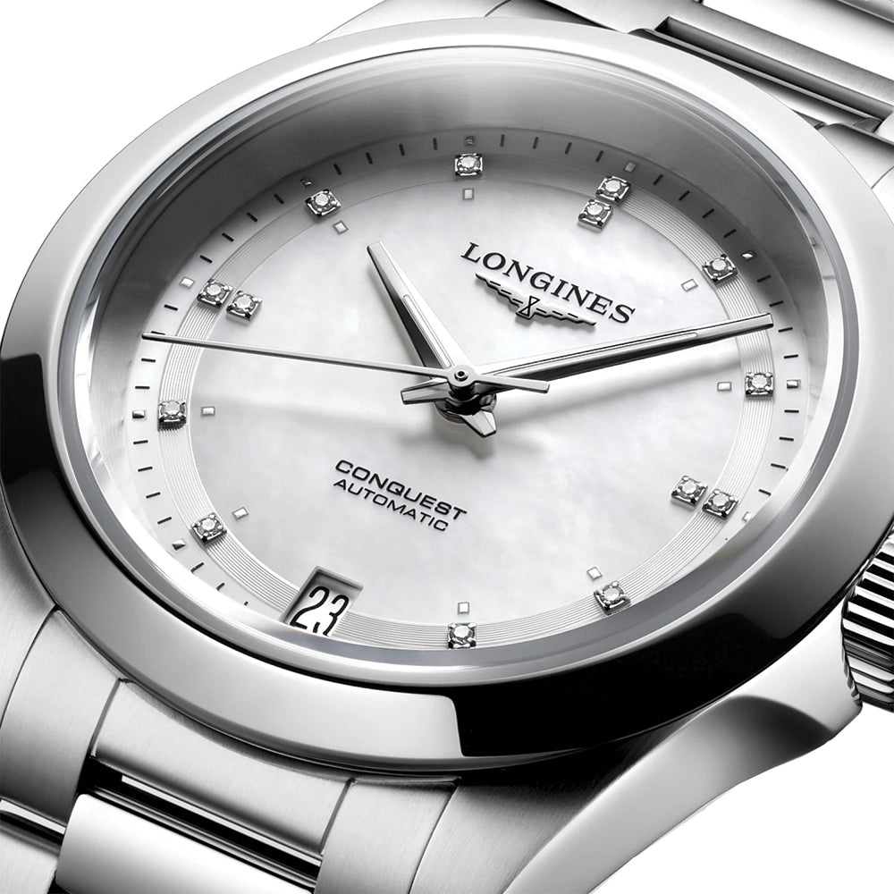 Conquest 34mm - White, Mother-of-Pearl w/ Diamonds on Bracelet