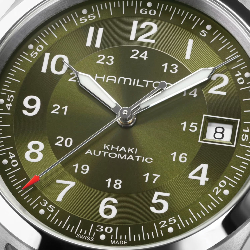 Khaki Field Auto Date 38mm - Green on Leather Strap
