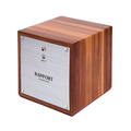 Wooden single watch winder box with brushed metal front panel and Rapport London branding