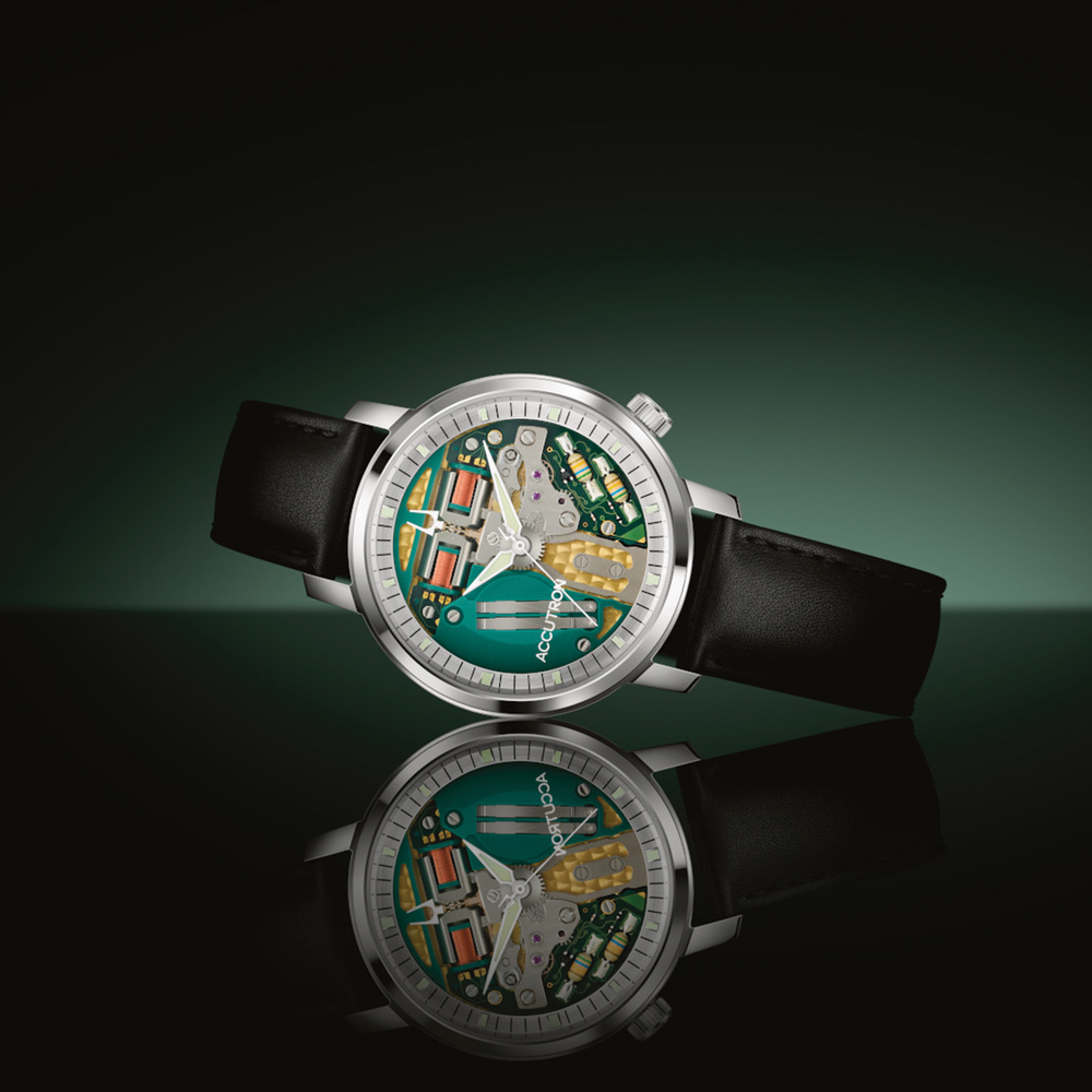 Tuning Fork Spaceview 314 39mm skeleton dial watch with multicolor components and black leather strap.