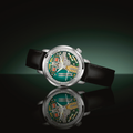 Tuning Fork Spaceview 314 39mm skeleton dial watch with multicolor components and black leather strap.