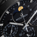 Macro view of Horizon watch dial highlighting moon phase window and Accutron branding with surrounding subdials